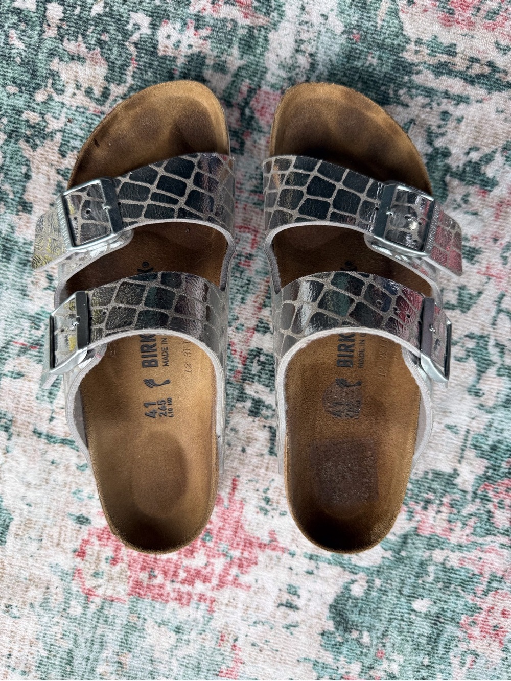 Birkenstock Kids Metallic Silver Croc-Embossed Two-Strap Sandals